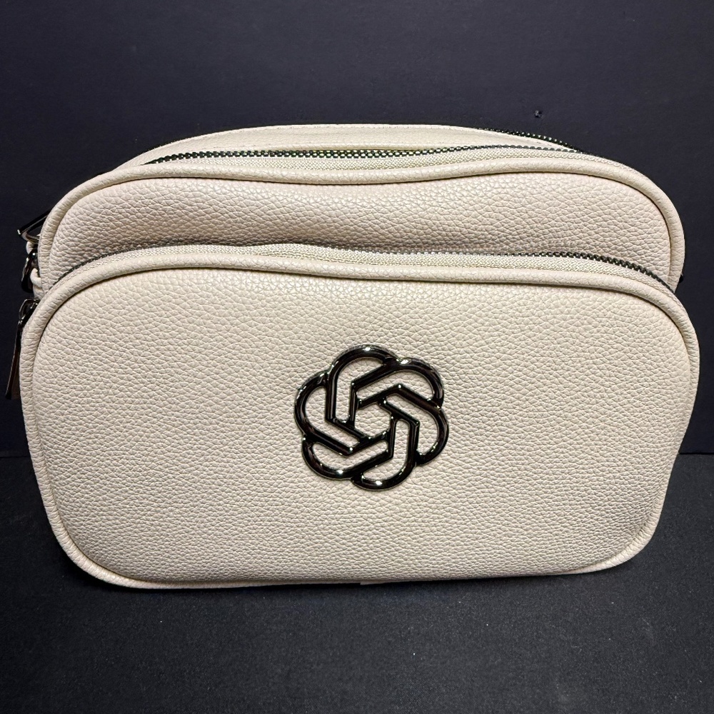 NEW Spacious 100% Vegan Leather Beige Crossbody Bag with Gun Metal Logo Design